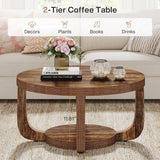 Round Coffee Table, 2-Tier Circle Coffee Table with Storage, Modern Wooden Accent Center Table, Thick Tabletop & Base
