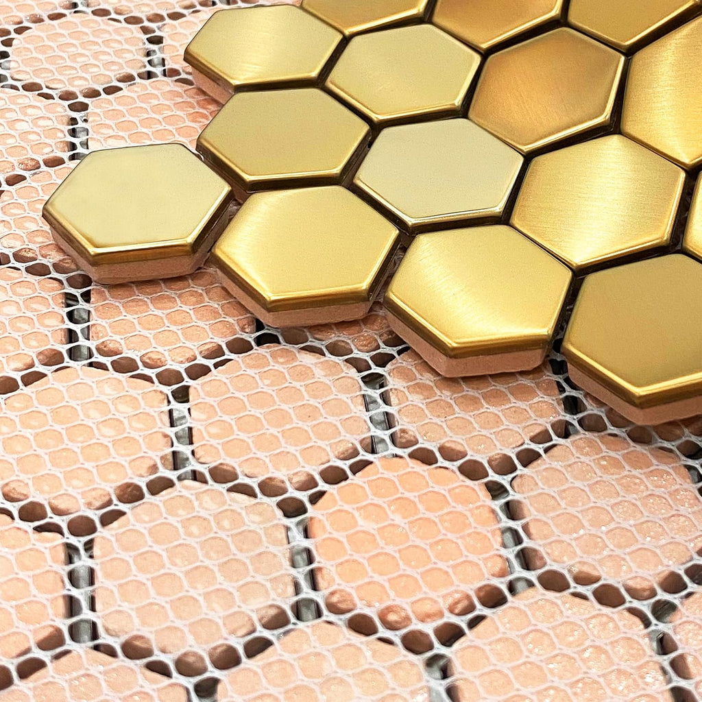 Hexagon Gold Backsplash Metal Mosaic Tile Stainless Steel Brushed/Shiny Kitchen Bathroom Backsplash Shower Floor Wall