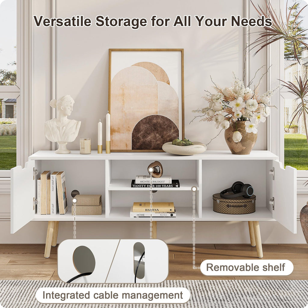 White TV Stand for 50 55 60+ Inch TVs, Modern TV Console with Storage Cabinets, Open Shelves and Solid Wood Legs