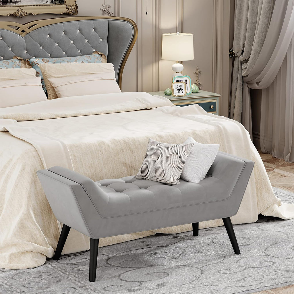 Tufted Bed Bench Fabric Ottoman Footstools for Bed Room -Gray