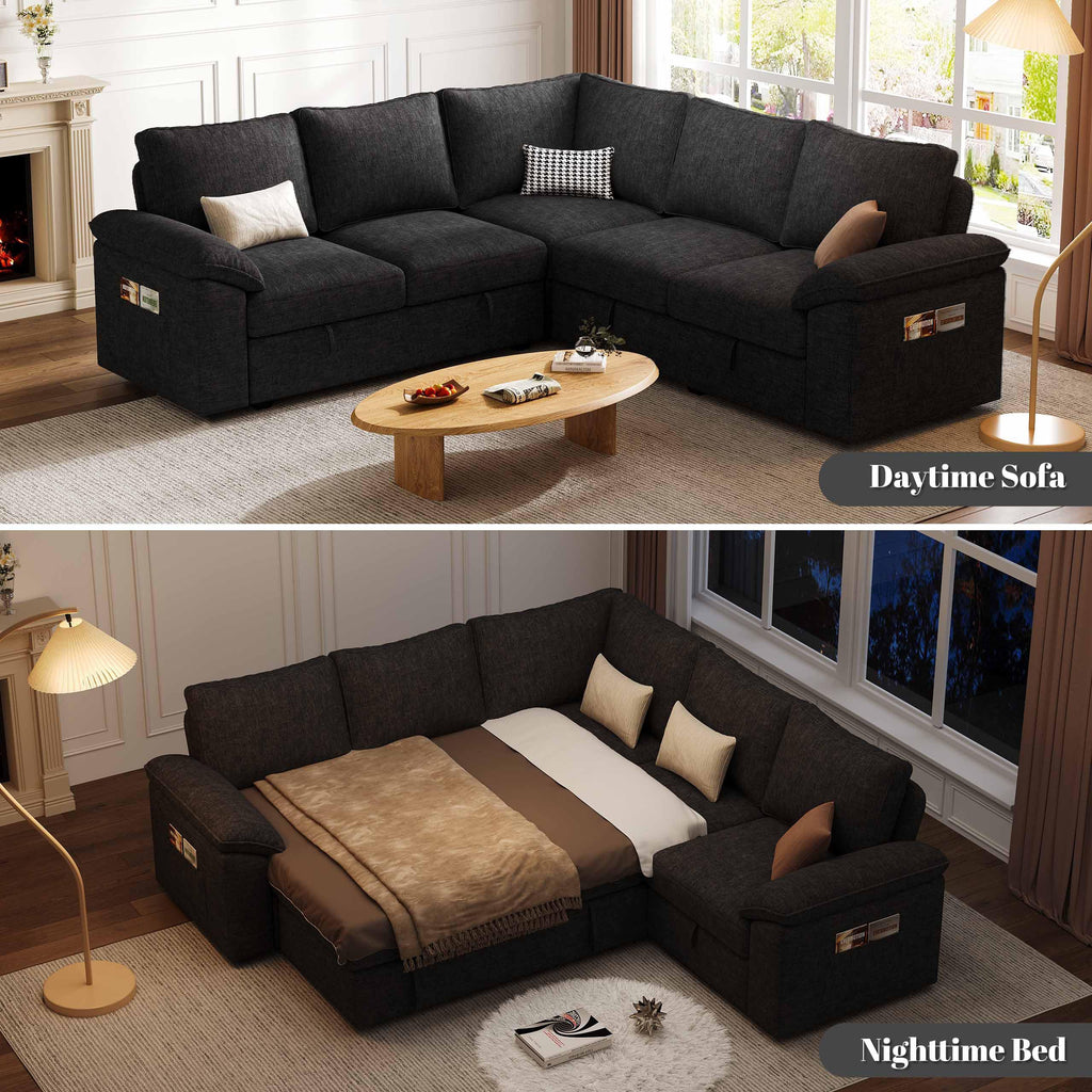 85'' Modular Sectional Sofa with Pull Out Bed, Sleeper Sofa, Black