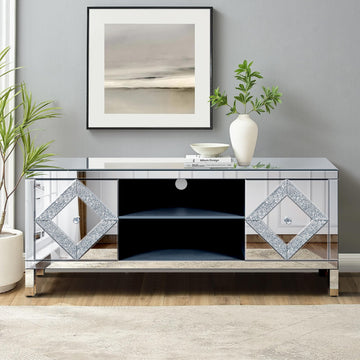 Mirrored TV Stand for 65+ inch TV, Sliver TV Console Table with Open Storage & 2 Storage Cabinets, Diamond Shape Mirror