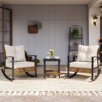 3-Piece Rocking Bistro Set, Outdoor Patio Furniture with Thick Cushions and 2-Tier Coffee Table, Oversize Rattan