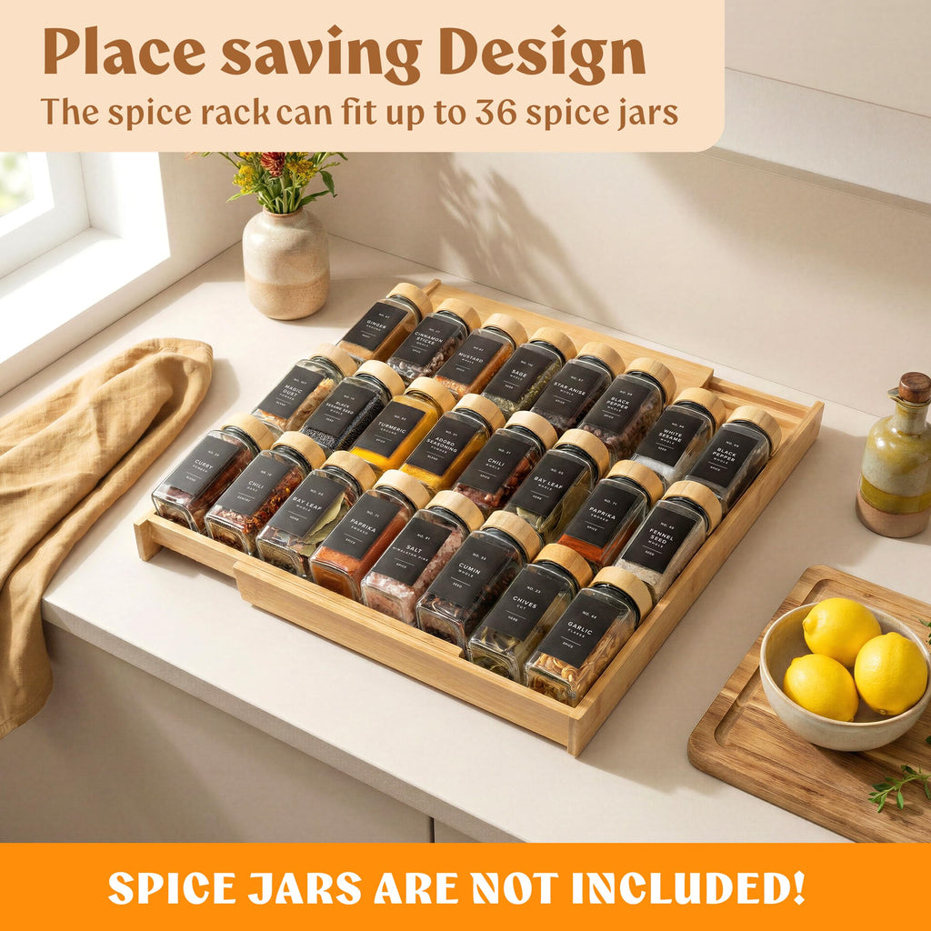 Bamboo Spice Drawer Organizer, Expandable 4 Tier Spice Rack