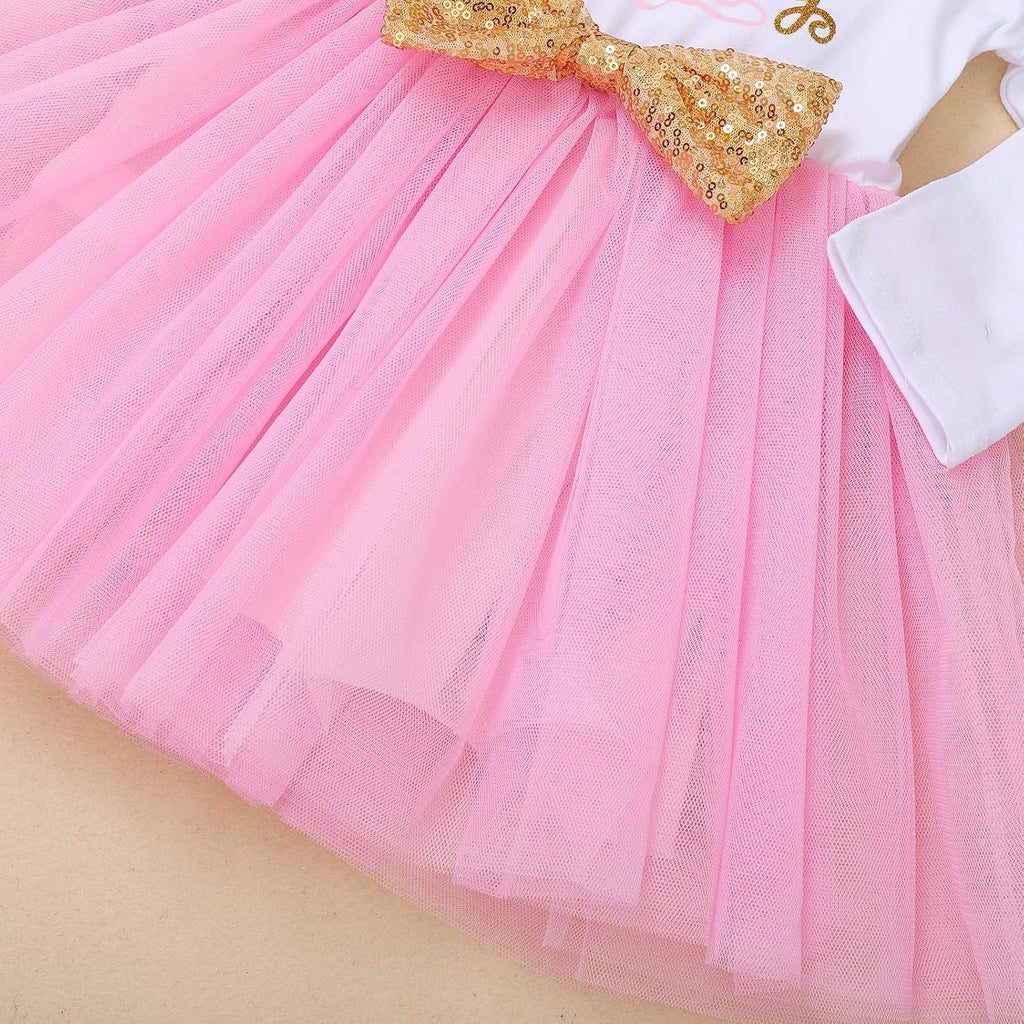Baby Girls Toddlers My 1st / 2nd / 3rd Birthday Long Sleeve Tutu Dress with Bowknot Headband 2pcs Clothes Set