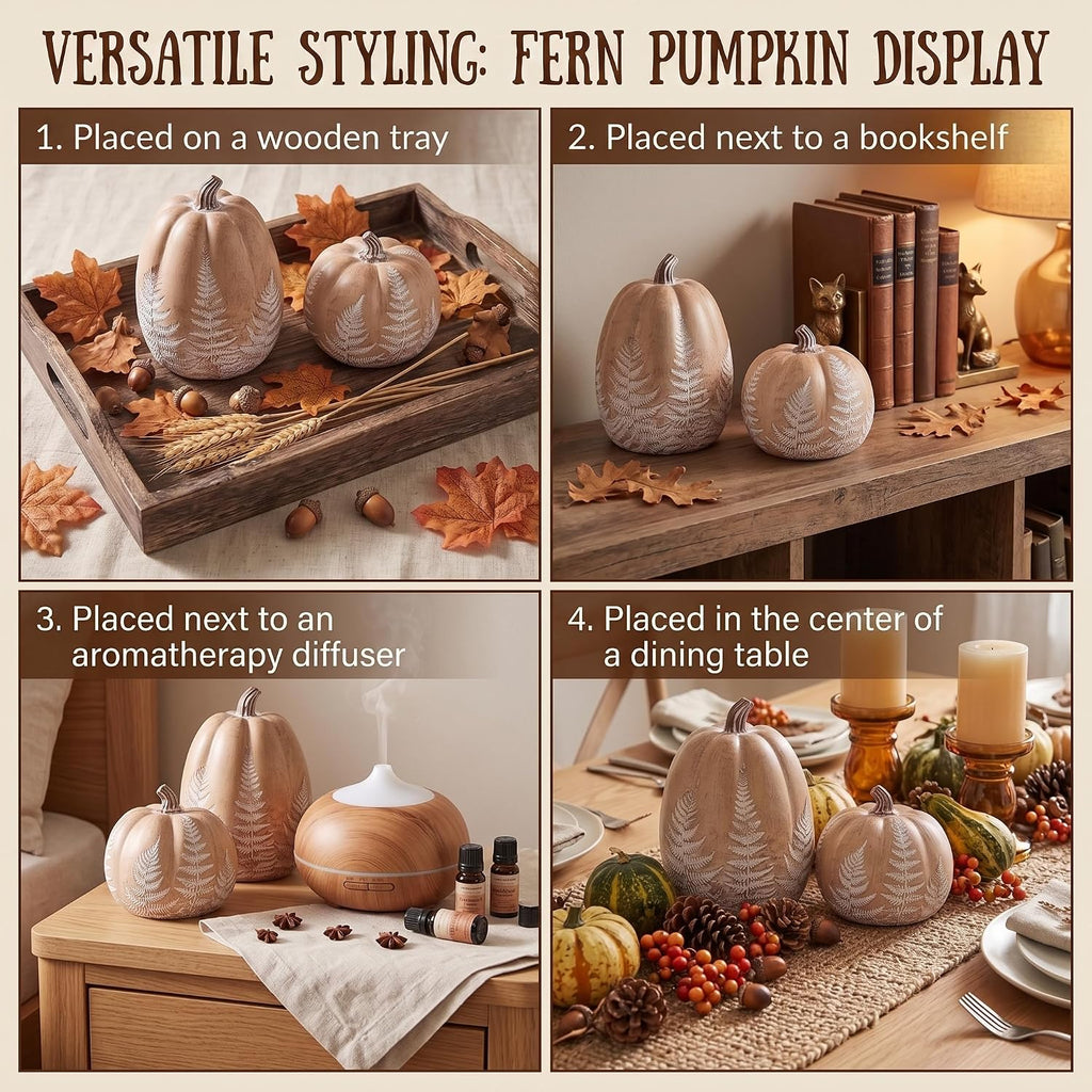Fall Pumpkins for Decorating, Brown Resin Pumpkin Decor with Leaves Pattern - Set of 2