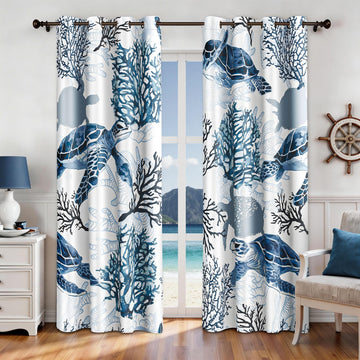 Coastal Sea Turtle Curtains, Grommet Window Panels, 52 x 84 Inch, 2 Panels