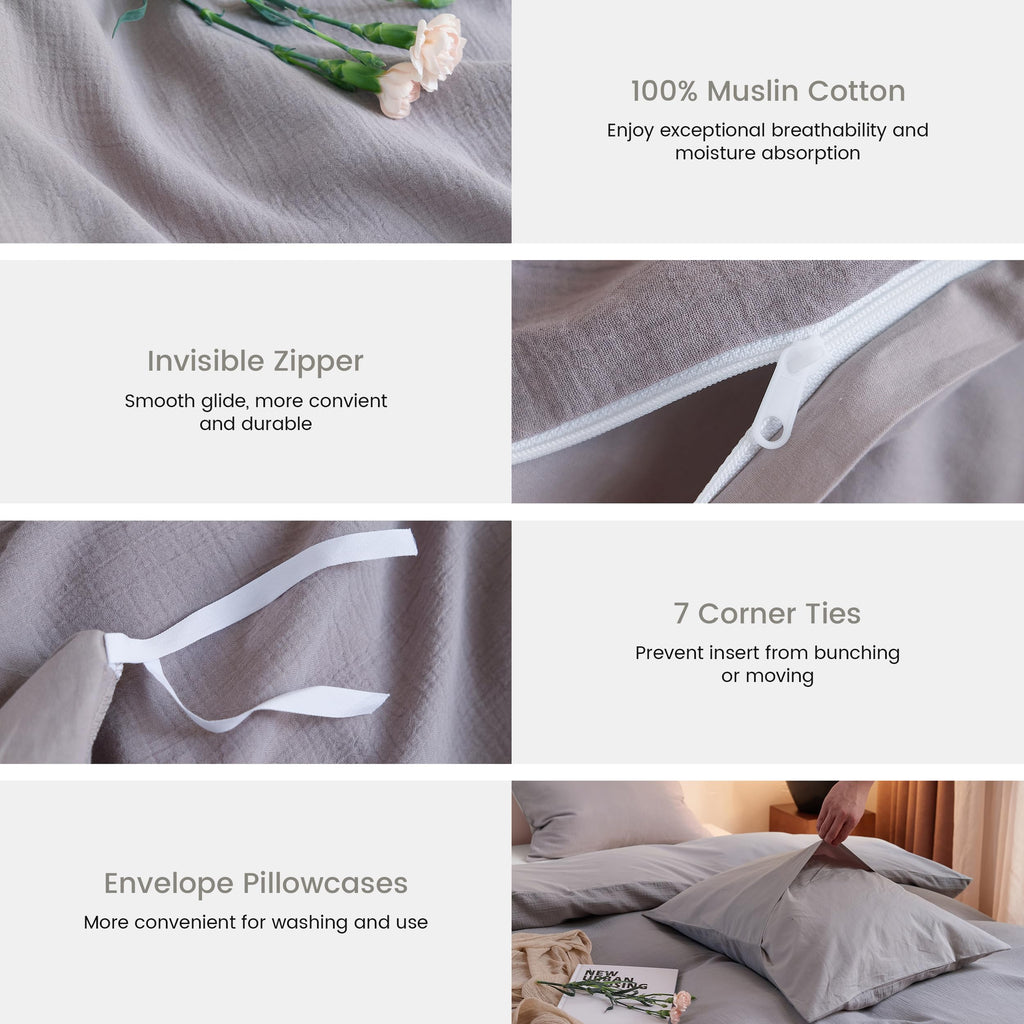 Muslin Duvet Cover Set, 100% Washed Cotton Cooling Duvet Cover for Summer, 3 Pieces Linen Like Gauze Comforter Cover