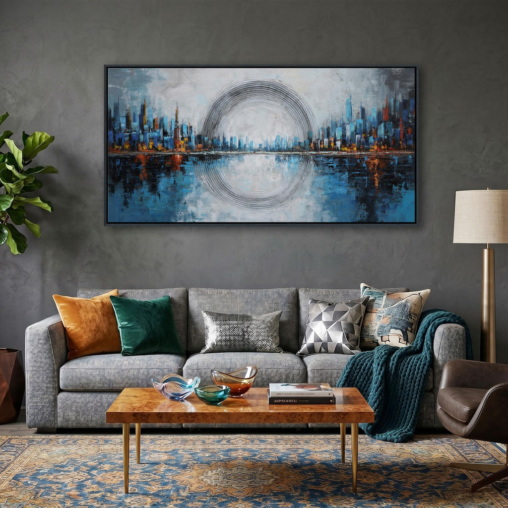 Abstract Blue Canvas Wall New York City Skyline Wall Decor Oversized Cityscape Decor Pictures Walls Framed Modern