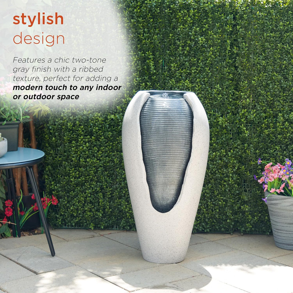 29" Tall Two Tone Ribbed Jar Floor Fountain with LED Lights - Elegant Water Feature, Easy Setup with Pump & Plug-in