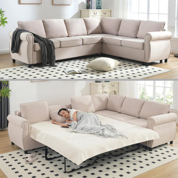 104" Sectional Sleeper Sofa Queen, L Shaped Couch with Pull Out Bed, Beige