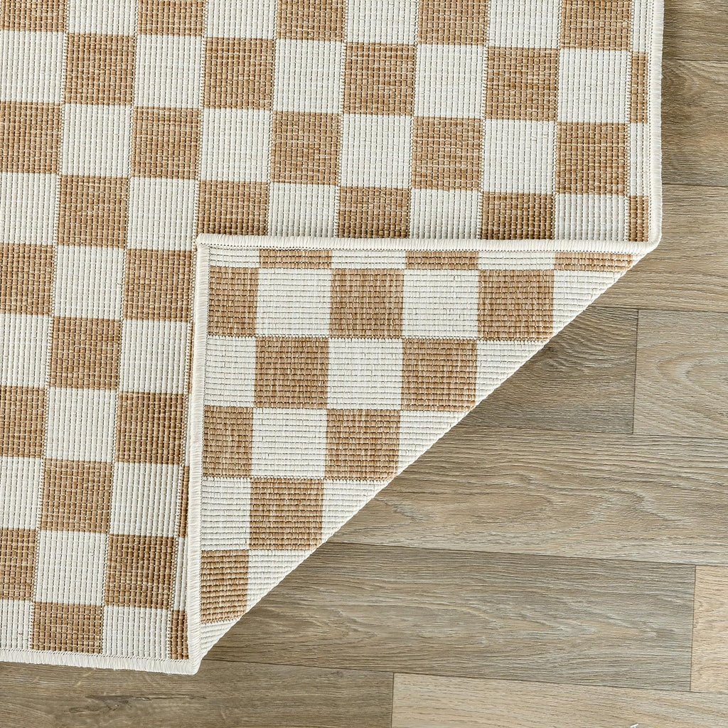 Indoor/Outdoor Checkered Weather Resistant Area Rug Natural