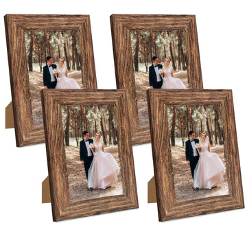 5x7 Picture Frame Set of 4, High Definition Glass Brown Frame, 5 x 7 Wood Rustic Photo Frames for Horizontal or
