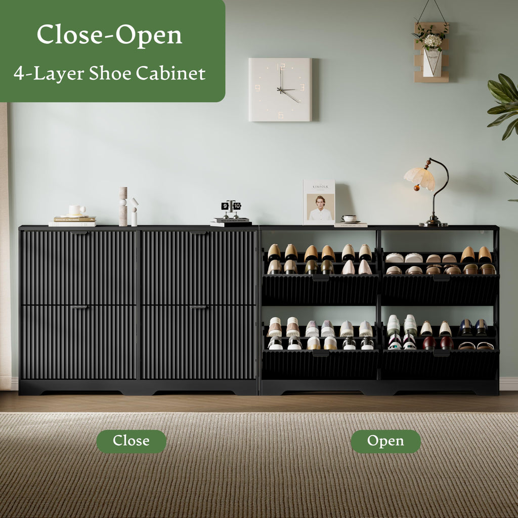 Shoe Storage Cabinet with 4 Flip Drawers, Hidden Slim Wood Shoe Organizer with Modern Fluted Panel, Freestanding