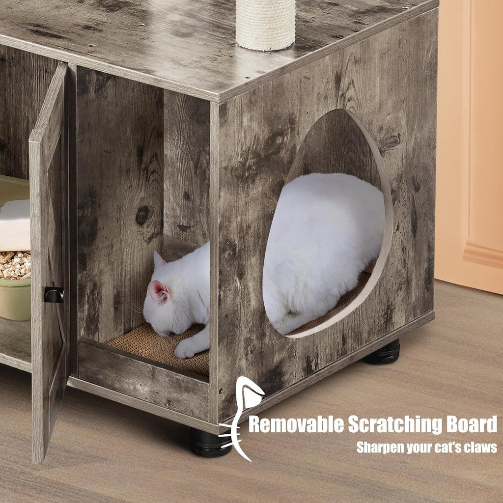 Litter Box Enclosure with Cat Tree, All-in-one Indoor Kitten House w/Scratching Posts, Wooden Cat Litter Box