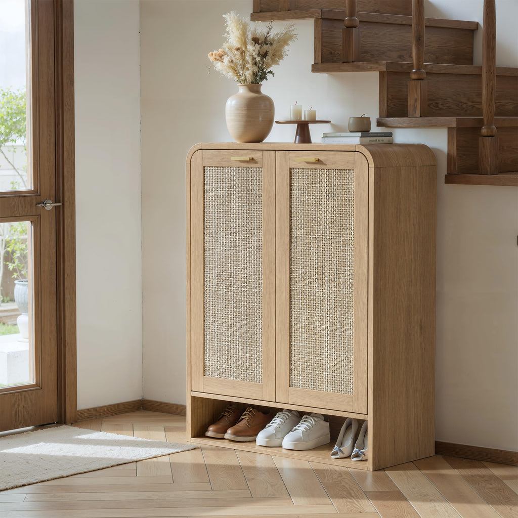 41 Inch Rattan Shoe Storage Cabinet Holds 24 Pairs, Natural Oak