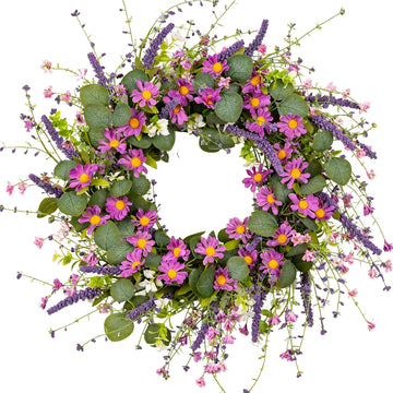 Summer Wreath for Front Door, 26 in Purple Daisy Wildflower
