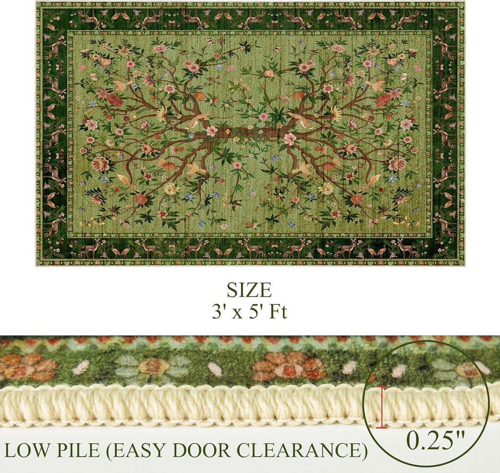 Green Area Rug 3x5 Washable, Non-Slip Small Rug Carpet, Floral Boho Low Pile Soft Throw Rugs for Ent