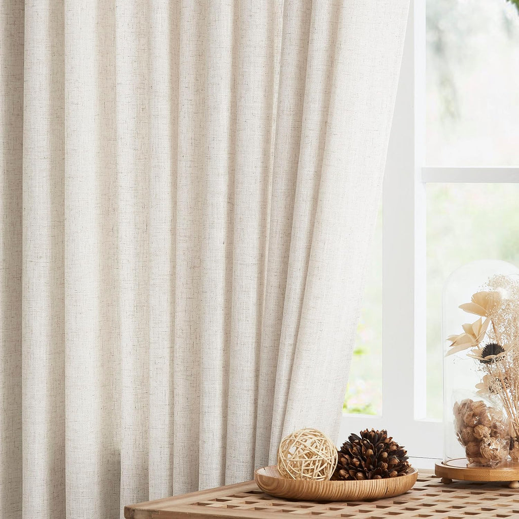 Natural Pinch Pleated Light Filtering Curtains with Microfiber Liner 90 inch Linen Blended Textured Privacy Drapes