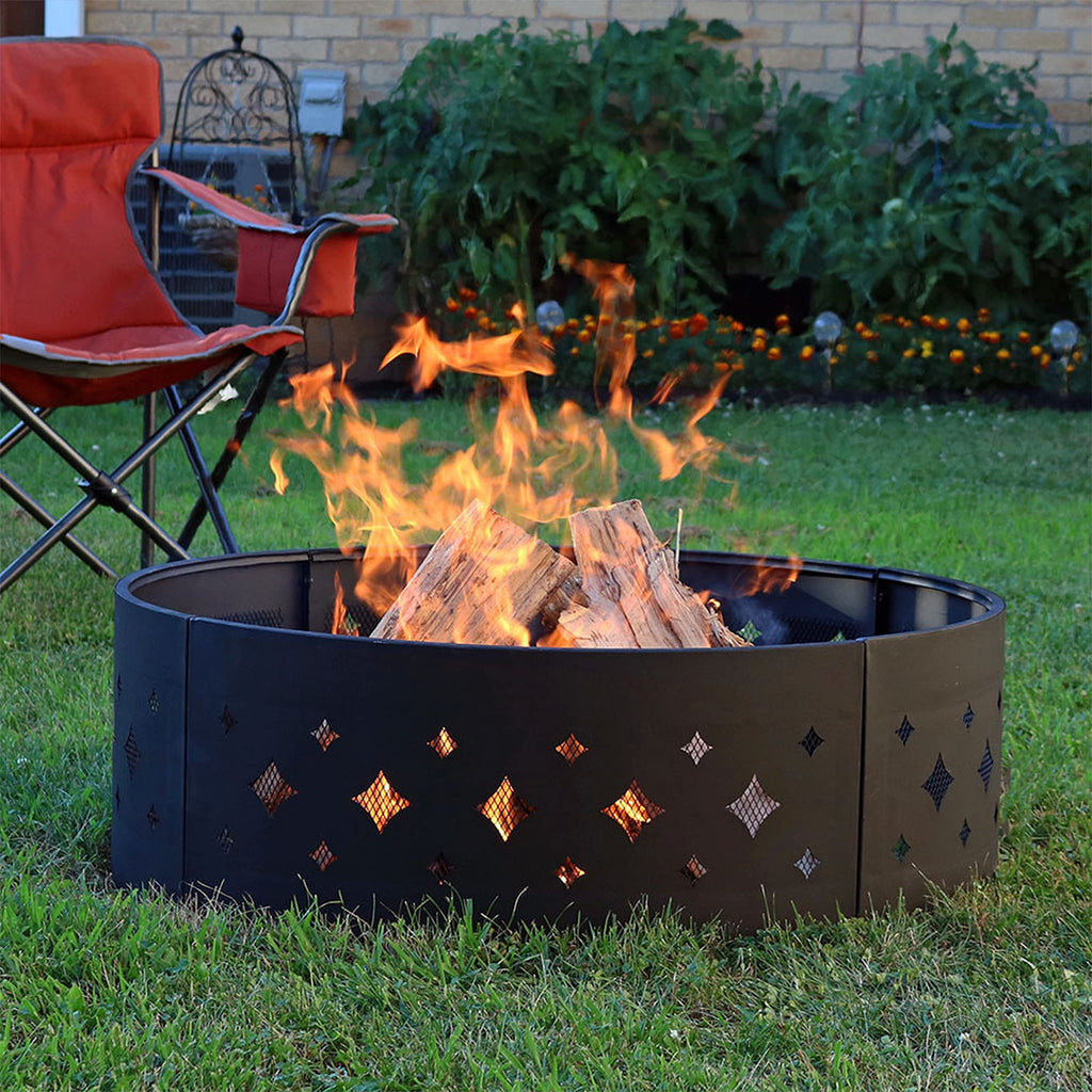 36-Inch Fire Pit Ring for Outside Wood Burning, Diamond Cutouts