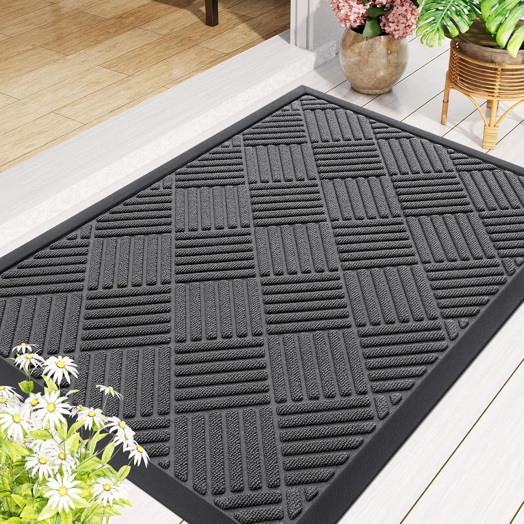 Front Door Mat Outside Entrance, Natural Rubber Doormat, 47x23 Inch | Grey, Non Slip, Trap Dirt and Moisture, Easy