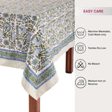 Clover Blue 100% Cotton Rectangle Fall Tablecloth, Handblock Floral Linen Table Cloth Dining Table I