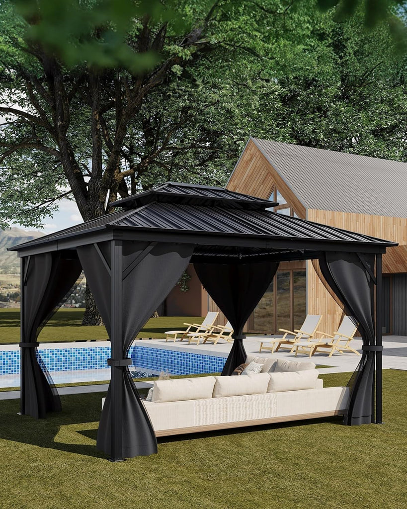 Hardtop Gazebo 12'x14' for All Weather, with Double Metal Roof, Aluminum Alloy Frame, Net, and Curtain