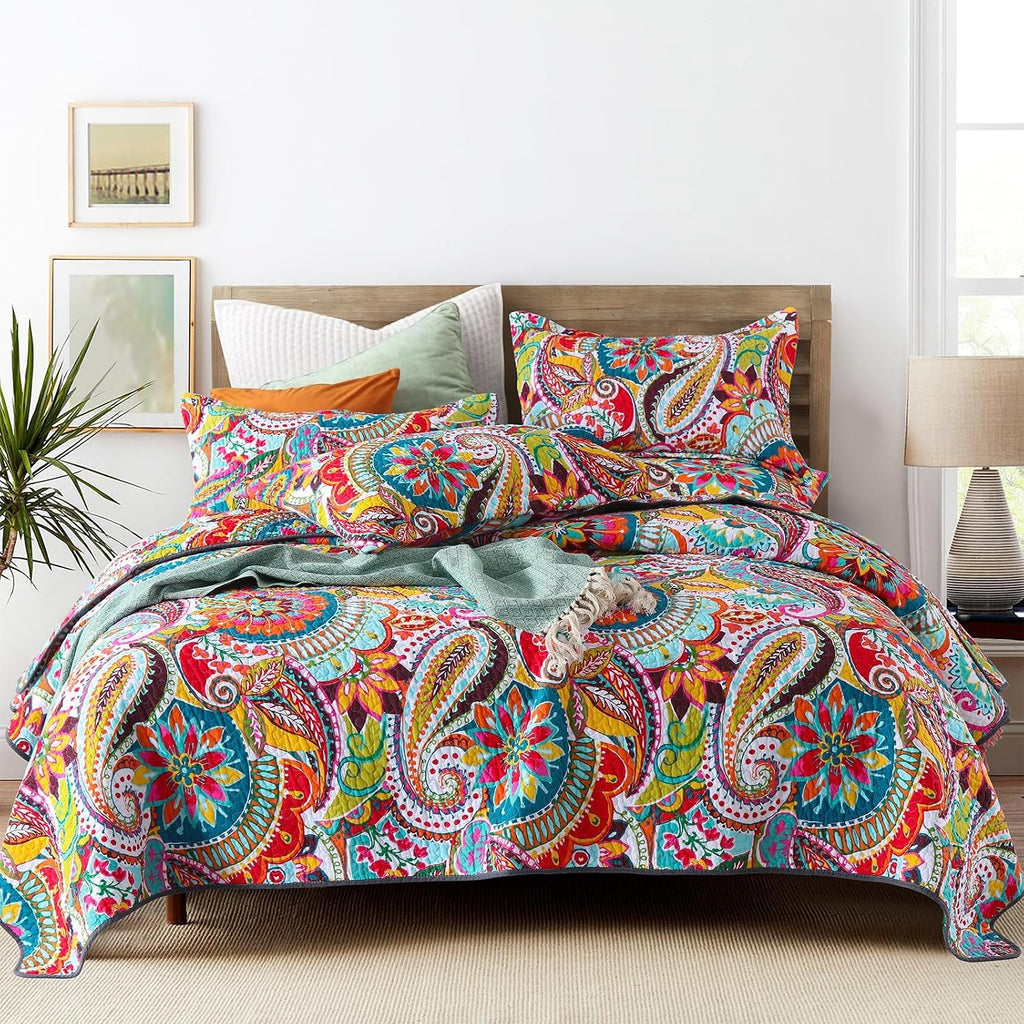 King Quilt Bedding Set, 100% Cotton Boho Bedspread, Vibrant Colorful Gorgeous Paisley Print Coverlet for Living