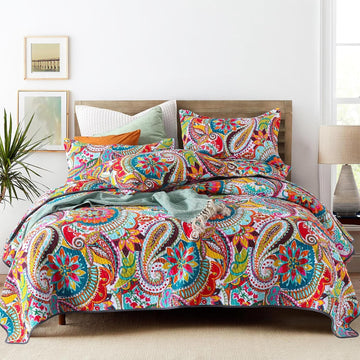 King Quilt Bedding Set, 100% Cotton Boho Bedspread, Vibrant Colorful Gorgeous Paisley Print Coverlet for Living