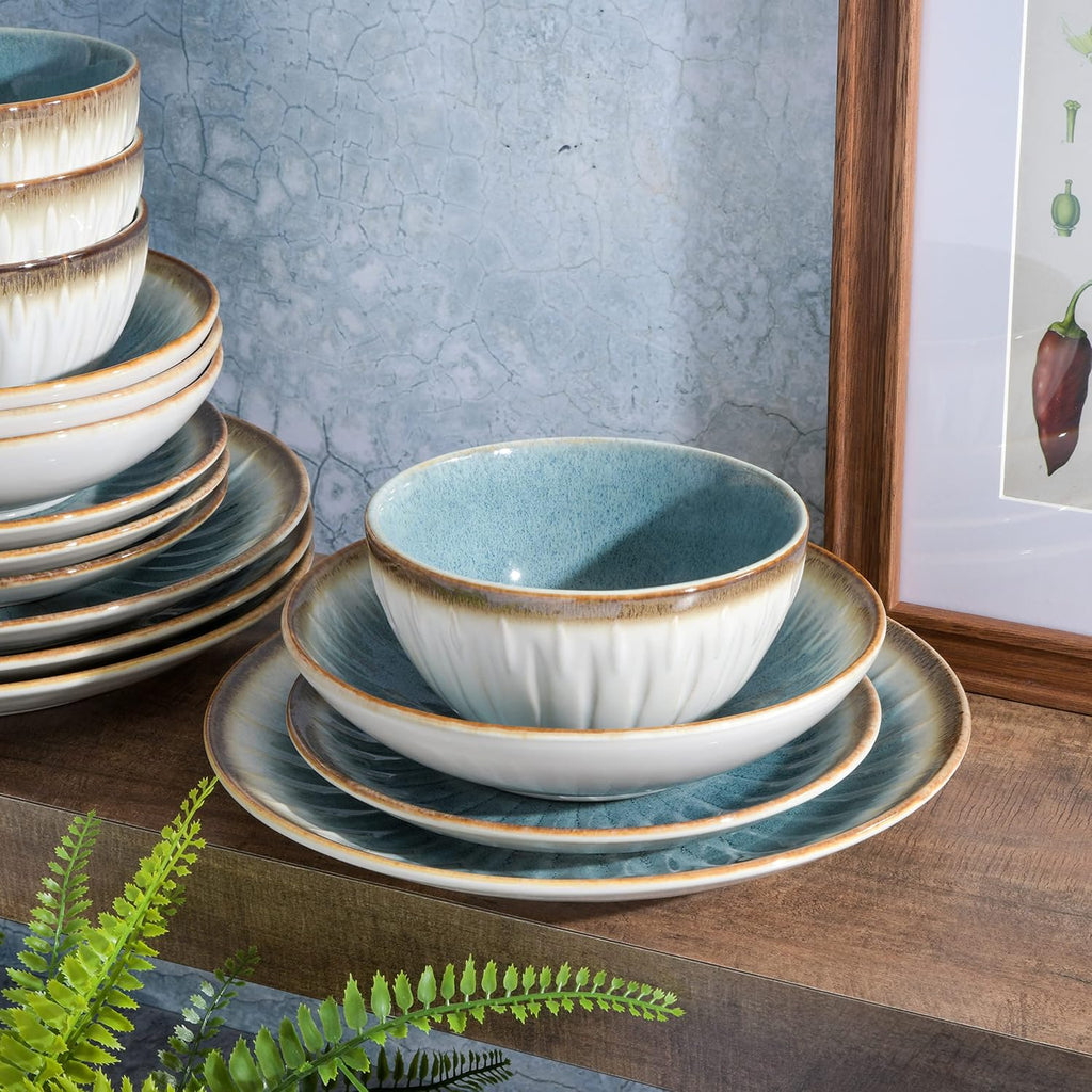 Mayfair Bay 16-Piece Embossed Double Bowl Dinnerware Set, Service for 4 - Blue Stoneware Plates and Bowls