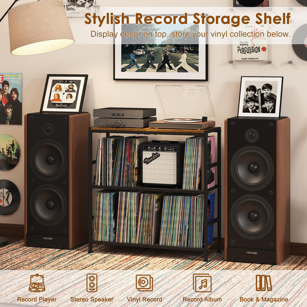 Record Player Stand with 4 Adjustable Dividers, Vinyl Record Storage Up to 300+ Albums, 3-Tier Vinyl Storage Holder