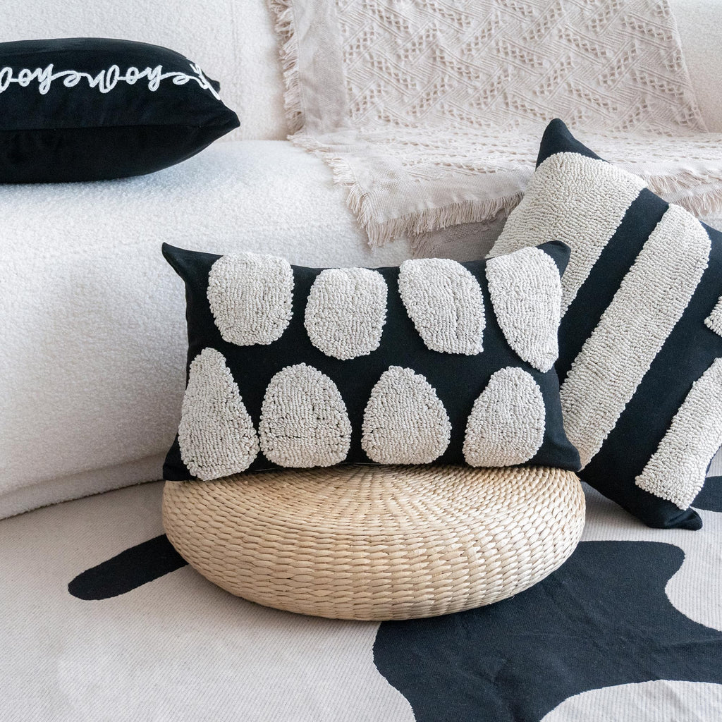 Black White Boho Chunky Tufted Pillow Cover, Neutral Decorative Oblong Throw Pillow Case, Geometric Woven Modern Sham