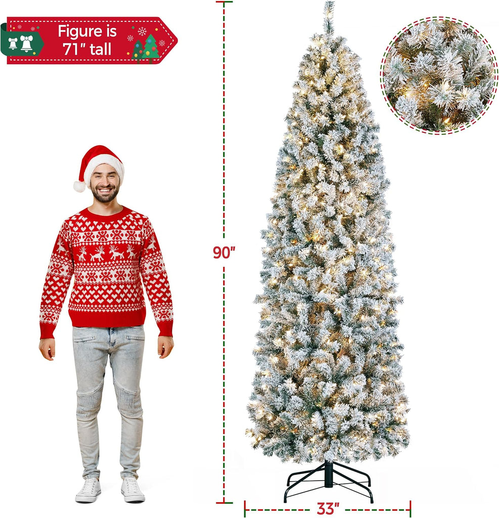 Pre-lit Snow Flocked Pencil Christmas Tree, Green & White