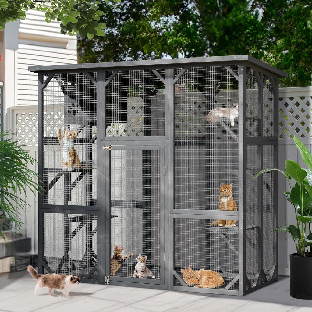 Catio Outdoor Cat Enclosure, Wooden Cat House with Resting Box, Grey