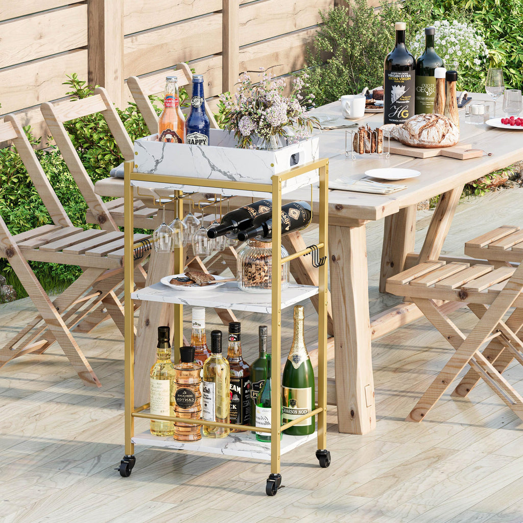 3-Tier Gold Bar Cart with Removable Tray, Small Bar Carts with Wheels, Rolling Beverage Cart, Drink Cart, Gold Wine