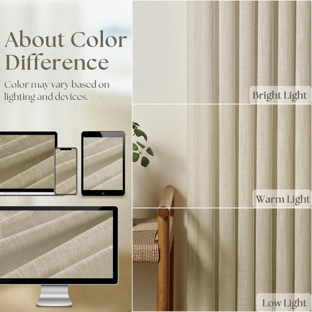 Beige Linen Curtains 96 Inches Long Pinch Pleated 2 Panels Living Room Bedroom Memory Trained Semi Sheer Neutral Flax