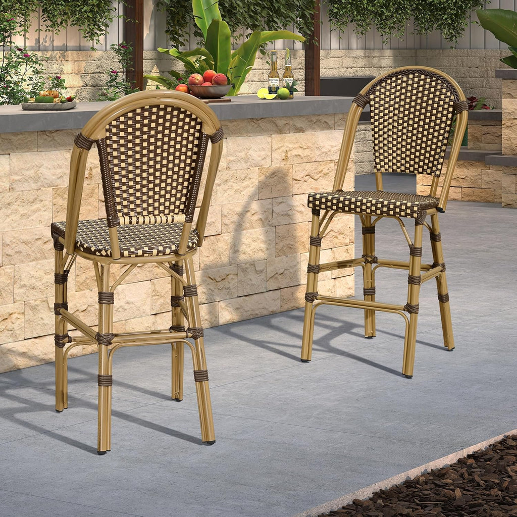 French Bar Stool Set of 4 Bamboo Print Finish Patio Bar Stools with Back Rattan Chairs Wicker Bar Height Stool 30"