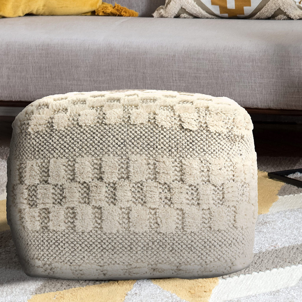 LR Home Cream Tufted Checkered Geometric Pouf
