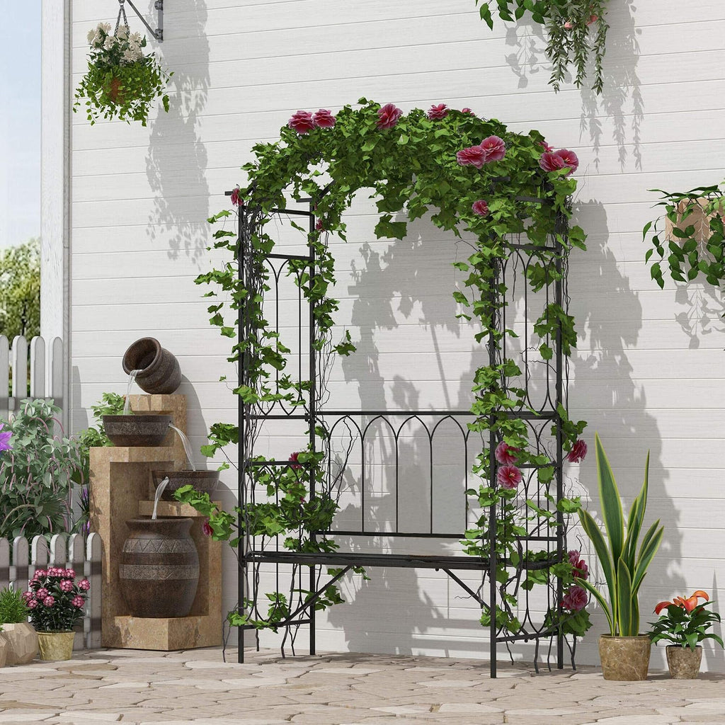 Metal Trellis Arbor Arch with Garden Bench Steel 484 lbs. Black | Climbing Plants, Grow Grapes & Vines, Patio Decor