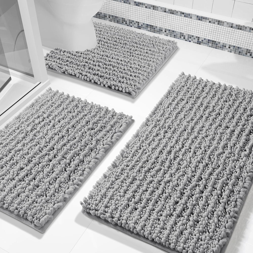 Bathroom Rug Set 3 Piece - Super Absorbent Quick Dry Chenille Bath Mats & Toilet Rug, Non Slip Machine Washable