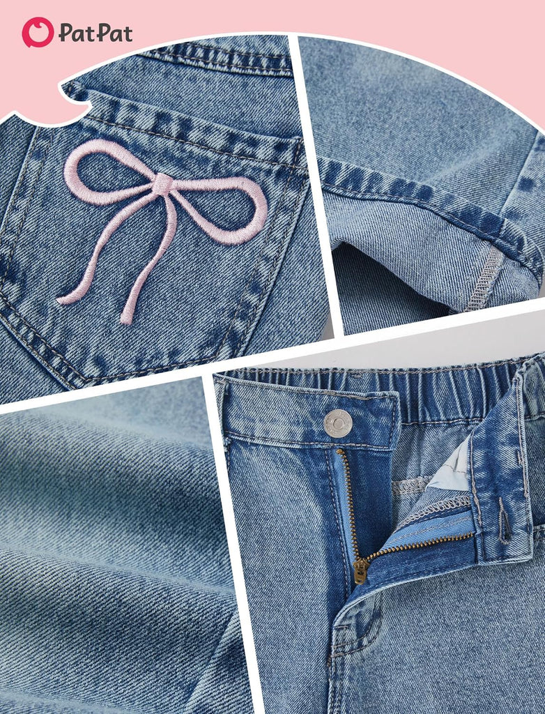 Girls Baggy Wide Leg Jeans, Cute Bow Elastic Waist Denim Pants