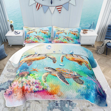 Sea Turtle Coastal Beach Quilts for Bed