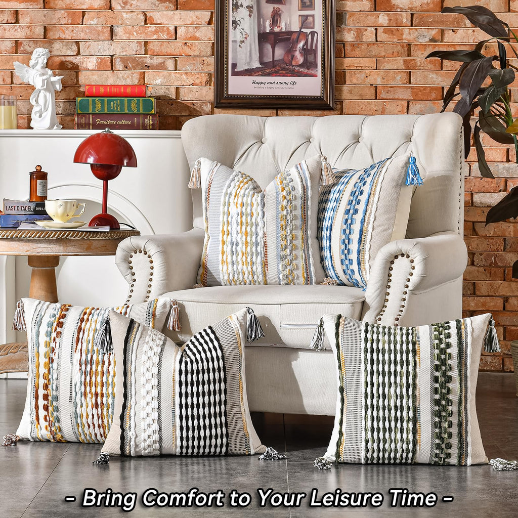 Set of 2 Chenille Striped Textured Boho Throw Pillow Covers Aesthetic with Tassels Woven Decorative Pillow Case for