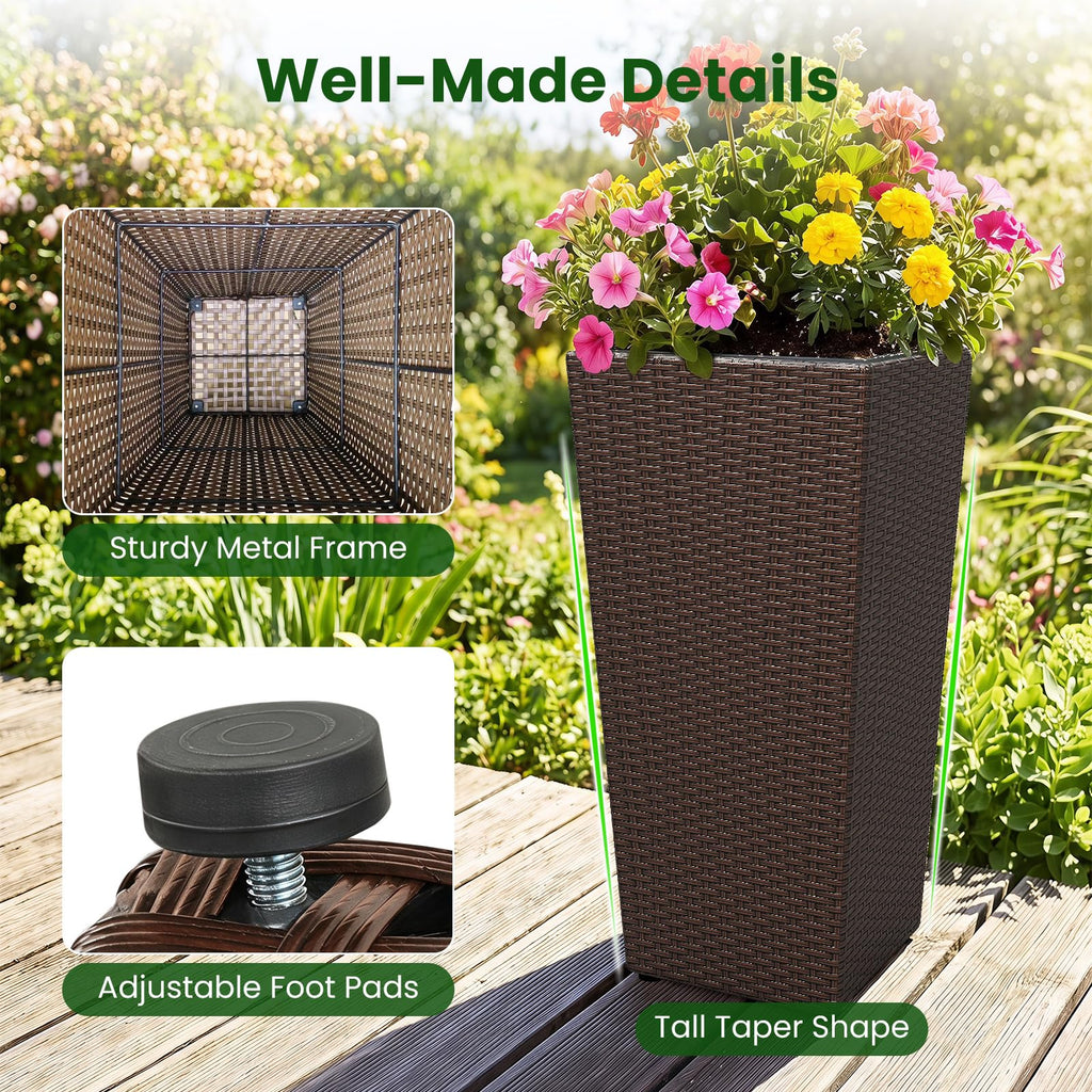 Tall Planters Set of 2, 24"H Tapered Rattan Planter, Brown