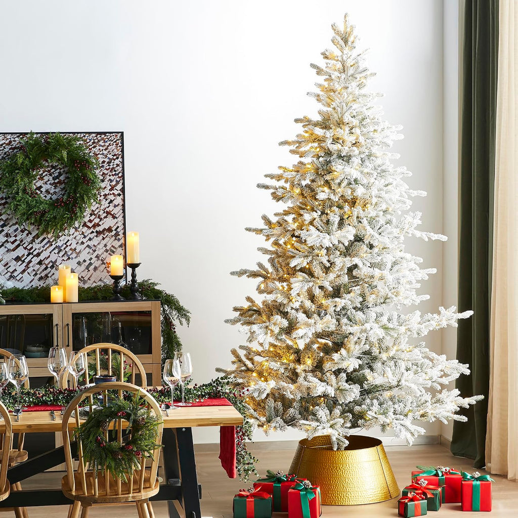 9ft Pre-Lit Artificial Christmas Tree Heavy Snow Flocked Full Christmas Fir Tree with Realistic PE/PVC Frosted