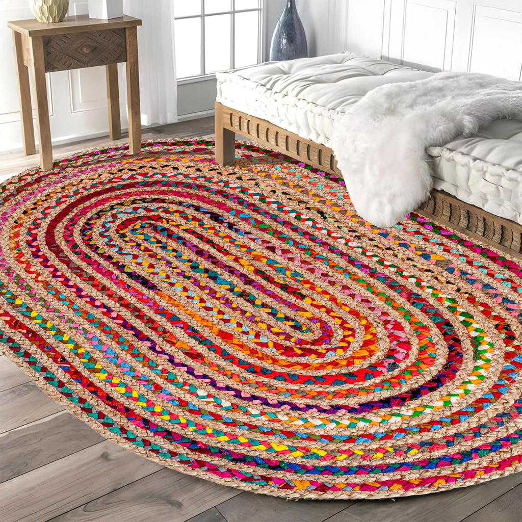 Oval Jute Cotton Chindi Rug 3x5 FT Multicolor Braided Floor Mat
