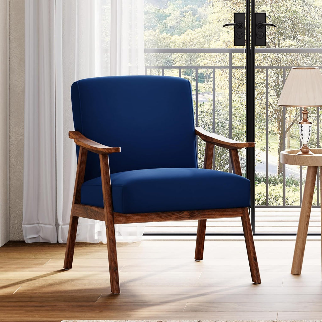 Mid Century Accent Chair, Boho Farmhouse Accent Chairs , Retro Single Lounge Reading Armchair with Solid Wood Frame