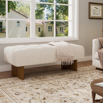Yvone Modern Upholstered Ottoman Bench, Minimalist Wooden Entryway Bench, Living Room Sofa Extra Seat, Ottoman End of
