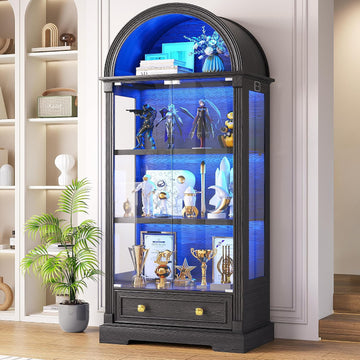 Black Curio Cabinet with Glass Doors, 72" Tall Arched Display Cabinet with Human Sensor Lights, 4-Tier Display Case