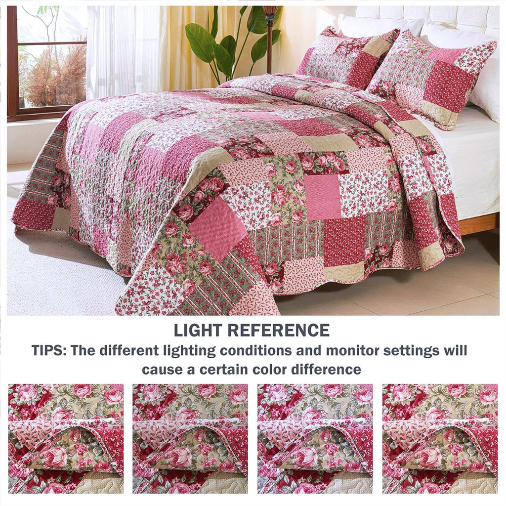 Romantic Patchwork Quilt Set Oversized King Size, Reversible Bedspread Coverlet 3-Piece, Floral Bed Cover Set with